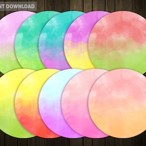 May include: Ten circular watercolour designs in various colours, including pink, green, yellow, and orange. The designs have a blended, textured appearance. The text "INSTANT DOWNLOAD" is in the top left corner.