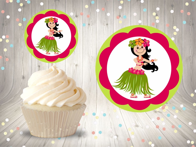 13 Luau Cupcake Toppers and Labels Printable Files Clip Arts Digital Sublimation Tropical Luau Summer Hawaii Hibiscus Flamingo Tiki Party image 5