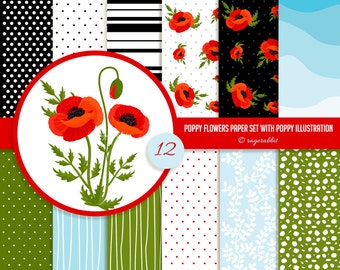 BUY 10 GET 5 FREE, Coupon Code - 5FREE   Poppy Flowers Digital Paper, Poppy Flowers Clipart Illustration, Spring Backgrounds