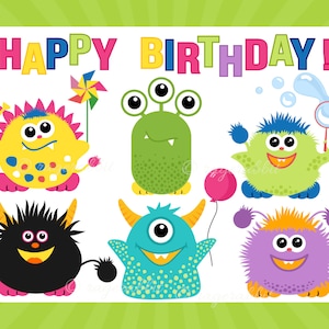 Könnte beinhalten: Eine farbenfrohe Geburtstagsgrafik mit den Worten "HAPPY BIRTHDAY!" in Regenbogenfarben. Das Bild zeigt sechs Cartoon-Monster in verschiedenen Farben, jedes mit einzigartigen Merkmalen und Ausdrücken. Ein Monster hält einen Ballon.