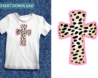 Cheetah Cross PNG Clip Art T Shirt Design Religion Easter Scaloops Pink Frame Sublimation Prints and Crafts Leopard Pattern Commercial Use