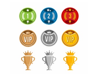 9 Award Badges, VIP Emblems, Cups, Vector Illustrations, Set, Emblems