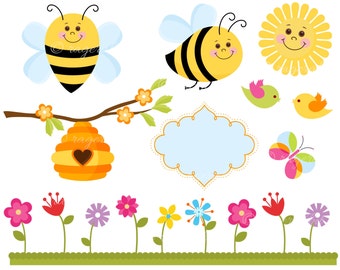 Bee Set Vector Illustrations, Clip Arts, Flowers, Birds, Sun, Butterfly, Commercial Use, Personal Use