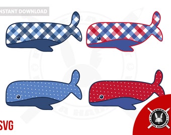 Blue Whales SVG Illustrations Clip Art Polka Dots Fish Printable Craft Supply Commercial Use Gingham Pattern Patches Sublimation