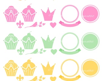 Royal Cupcakes Vector Illustration Set and Digital Papers, Emblems, Badges, Ribbons, Hearts, Crowns, Birds, Bakery, Logo Creator, Clip Arts