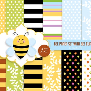 May include: A set of 12 digital papers featuring bee-themed patterns. The patterns include yellow and black stripes, polka dots, and floral designs. The set also includes a cute cartoon bee clip art image. "BEE PAPER SET WITH BEE CLIP ART" is written in blue text at the top of the image.
