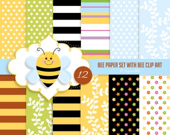 BUY 10 GET 5 FREE, Coupon Code - 5FREE   Bee Digital Paper with Bee Clip Art and Frame Clip Art, Commercial Use, Personal Use