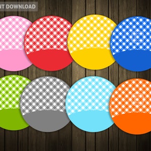 May include: Eight round printable labels with a gingham pattern in different colors. The labels have a white background with colored squares. The colors are pink, red, yellow, blue, green, gray, light blue, and orange.
