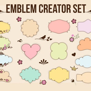 May include: A collection of decorative emblem designs in various shapes and colors, including oval, heart, and cloud forms. The designs feature floral and bird accents, with the text "EMBLEM CREATOR SET" at the top.