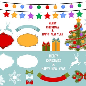 Conjunto de ilustrações vetoriais de Natal, Feliz Ano Novo, Banner, Retro, Vintage, Cartão, Criador, Presentes, Decorações, Emblemas, Árvore de Natal,