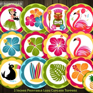 13 décorations de cupcakes Luau et étiquettes fichiers imprimables Clip-arts Sublimation numérique Tropical Luau Summer Hawaii Hibiscus Flamingo Tiki Party