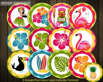 13 Luau Cupcake Toppers and Labels Printable Files Clip Arts Digital Sublimation Tropical Luau Summer Hawaii Hibiscus Flamingo Tiki Party