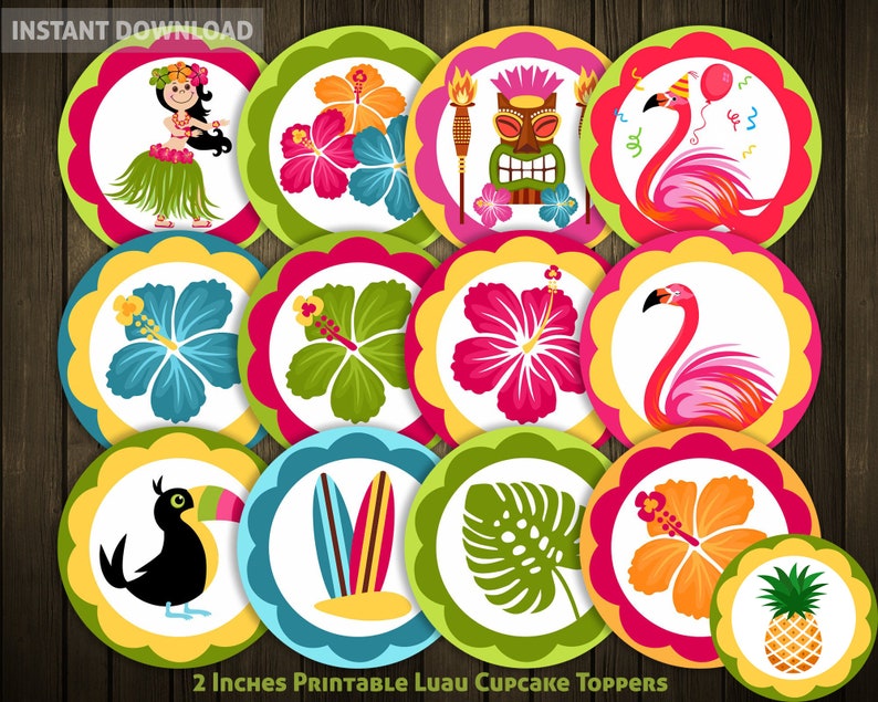 13 Luau Cupcake Toppers and Labels Printable Files Clip Arts Digital Sublimation Tropical Luau Summer Hawaii Hibiscus Flamingo Tiki Party image 1