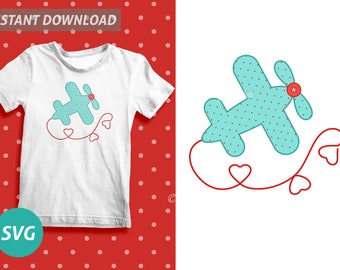 Cute Airplain SVG File Polka Dots Pattern Printable Craft Supply Heart Shapes Flying Wings Sublimation T Shirt Design Blue Plain Baby Blue