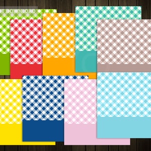 Könnte beinhalten: Eine Sammlung farbenfroher digitaler Papiere mit Vichy-Muster. Jedes Papier hat eine andere Farbkombination, darunter Grün, Rot, Orange, Türkis, Gelb, Marineblau, Rosa, Braun und Hellblau. Der Text "INSTANT DOWNLOAD" ist sichtbar.