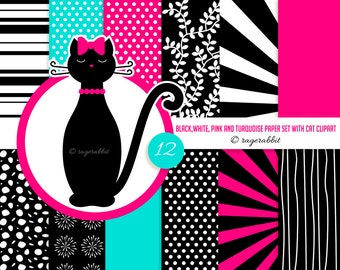 BUY 10 GET 5 FREE, Coupon Code - 5FREE   12 Digital Papers, Turquoise, Black, White and Pink Digital Paper with Cat Clipart, Polka Dots