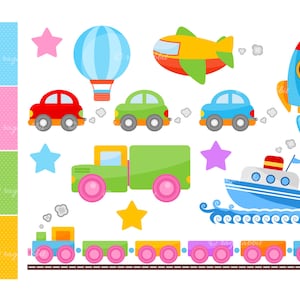 Leuke transporten vectorillustraties, set, illustraties, commercieel gebruik, persoonlijk gebruik, decoraties voor babyshowers