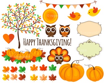 Thanksgiving Digital Decorations, Autumn, Vector Illustrations, Owl, Pumpkin, Emblems, Tree, Birds, Cliparts,