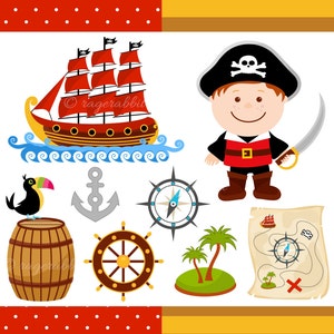 Può includere: Una collezione di illustrazioni a tema pirata. Include una nave pirata rossa, un pirata dei cartoni animati con una spada, una mappa del tesoro, un tucano su una botte, un'ancora, una bussola, un timone e un'isola con palme.