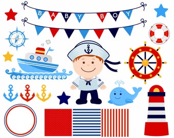 Marine Boy Vector Set, Illustrations, Scrapbook, Digital Paper Set, Baby Shower Decoration, Nautical