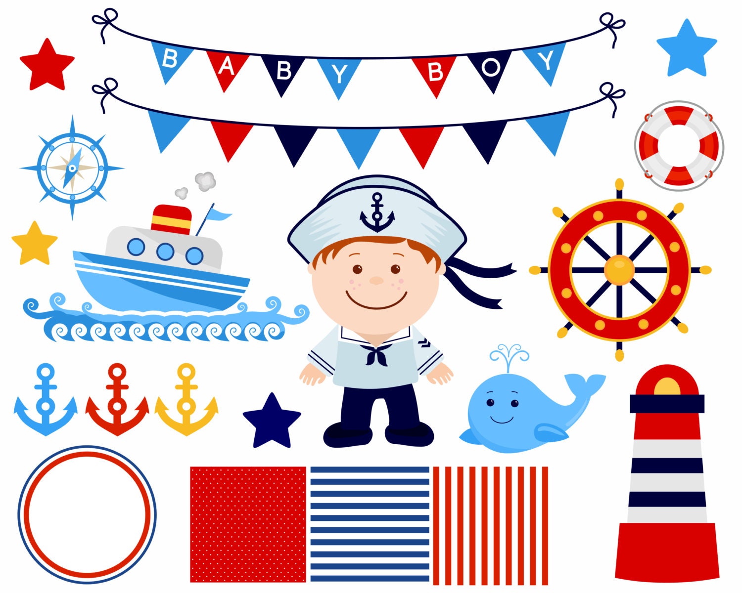Marine Boy Vector Set Illustrations Scrapbook Digital Paper - Etsy