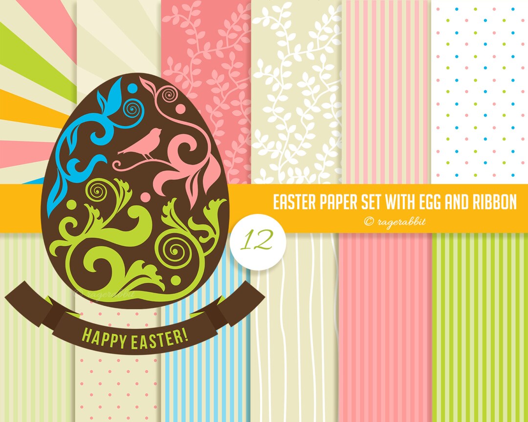 Vintage Easter Digital Paper Set With Egg and Ribbon Banner, Clip Art ...