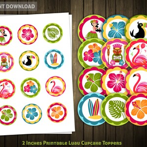 13 Luau Cupcake Toppers and Labels Printable Files Clip Arts Digital Sublimation Tropical Luau Summer Hawaii Hibiscus Flamingo Tiki Party image 3