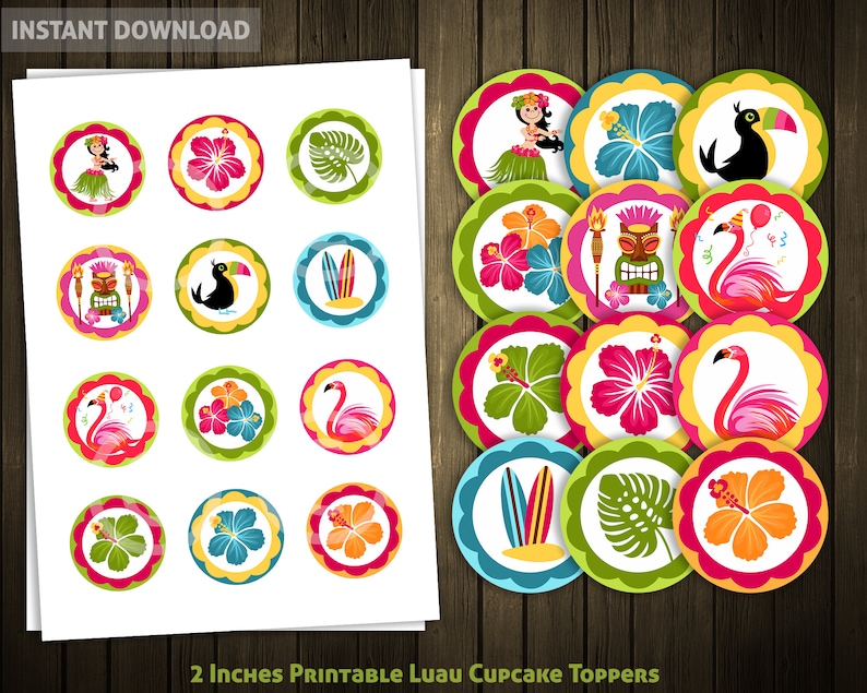 13 Luau Cupcake Toppers and Labels Printable Files Clip Arts Digital Sublimation Tropical Luau Summer Hawaii Hibiscus Flamingo Tiki Party image 3