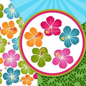 Puede incluir: Un fondo blanco con un c&iacute;rculo en el centro. El c&iacute;rculo tiene un fondo blanco con seis flores de hibisco de colores. Las flores son rosas, naranjas, verdes y azules. El fondo fuera del c&iacute;rculo es un patr&oacute;n de hojas verdes y un patr&oacute;n de rayas azules y blancas.