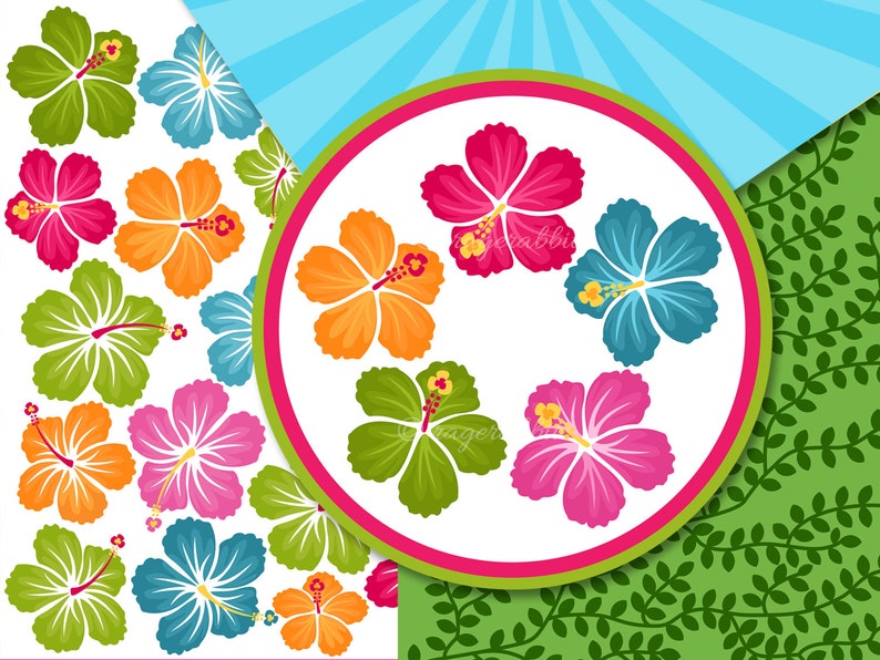Puede incluir: Un fondo blanco con un c&iacute;rculo en el centro. El c&iacute;rculo tiene un fondo blanco con seis flores de hibisco de colores. Las flores son rosas, naranjas, verdes y azules. El fondo fuera del c&iacute;rculo es un patr&oacute;n de hojas verdes y un patr&oacute;n de rayas azules y blancas.