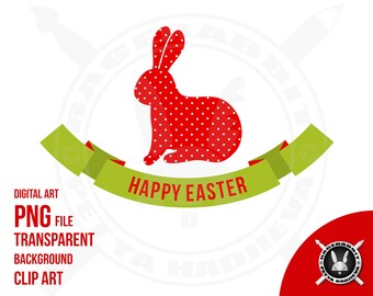 Easter Rabbit Clip Art PNG File Printable Craft Supply Transparent Background Polka Dots Pattern Ribbon Banner Commercial Use