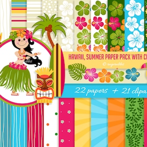 BIG PACK Hawaiian, Sumer, Digital Paper With Cliparts, Tiki, Hawaiian Girl, Surf, Torch, Hibiscus, Flowers, Party, Illustrations