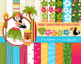 BIG PACK Hawaiian, Sumer, Digital Paper With Cliparts, Tiki, Hawaiian Girl, Surf, Torch, Hibiscus, Flowers, Party, Illustrations