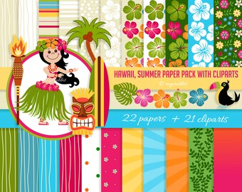 PAQUETE GRANDE Hawaiano, Verano, Papel Digital con Cliparts, Tiki, Chica Hawaiana, Surf, Antorcha, Hibisco, Flores, Fiesta, Ilustraciones