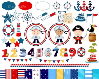 MEGA PACK Set Marino, Cliparts y Papeles Digitales, Niños, Marineros, Barcos, Niño Pirata, Barco Pirata, Isla, Uso Comercial, Uso Personal