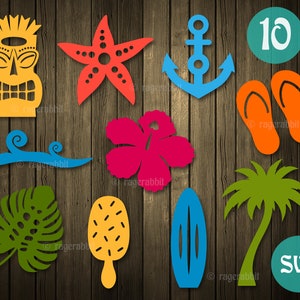 Beach, 10 SVG Cut Files Prints and Crafts Commercial Use Summer Hibiscus Flower Tiki Hawaii Wave Surf Palm Clip Arts Cricut Sublimation image 1