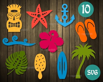 Beach, 10 SVG Cut Files Prints and Crafts Commercial Use Summer Hibiscus Flower Tiki Hawaii Wave Surf Palm Clip Arts Cricut Sublimation