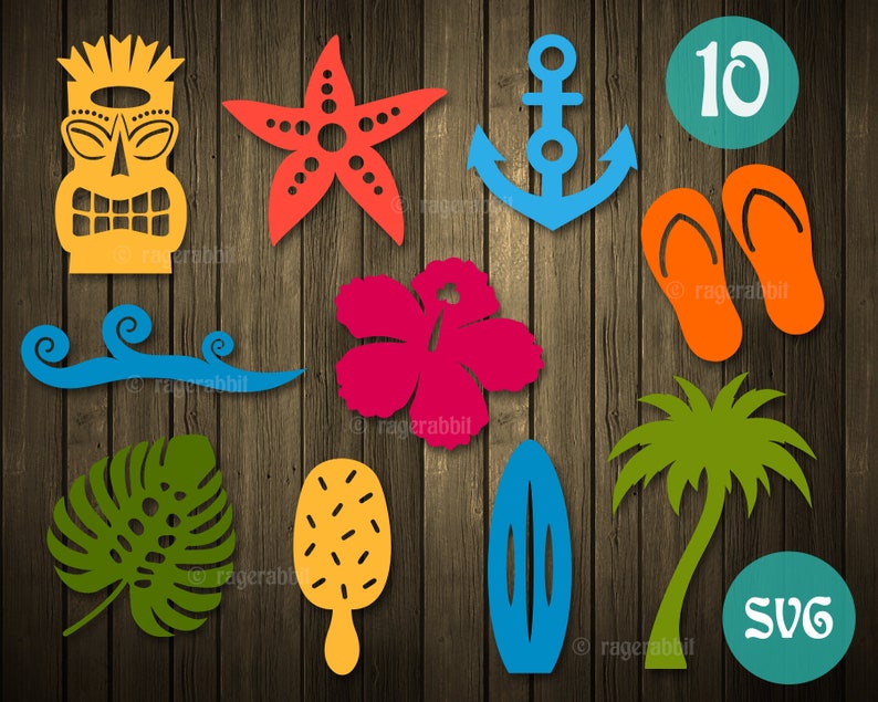 Beach, 10 SVG Cut Files Prints and Crafts Commercial Use Summer Hibiscus Flower Tiki Hawaii Wave Surf Palm Clip Arts Cricut Sublimation image 1