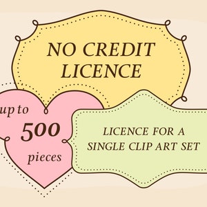 Puede incluir: Un gráfico amarillo, verde y rosa con tres marcos. El marco superior dice "NO CREDIT LICENCE". El marco inferior izquierdo tiene forma de corazón y dice "hasta 500 piezas". El marco inferior derecho dice "LICENCIA PARA UN CONJUNTO DE CLIP ART ÚNICO".