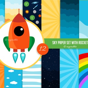 BUY 10 GET 5 FREE, Coupon Code - 5FREE   Sky Digital Paper Set with Rocket Illustration, Cartoon Rocket, Sky Backgrounds