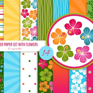 Summer Digital Paper Set With Hibiscus Flowers Clip Arts, Backgrounds, Hawaii, Party Decorations, Banner, Luau, illustrations image 1