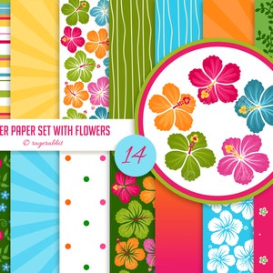 Sommer Digitales Papier Set mit Hibiskus Blumen ClipArts, Hintergründe, Hawaii, Partydekoration, Banner, Luau, Illustrationen