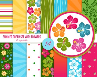 Summer Digital Paper Set With Hibiscus Flowers Clip Arts, Backgrounds, Hawaii, Party Decorations, Banner, Luau, illustrations