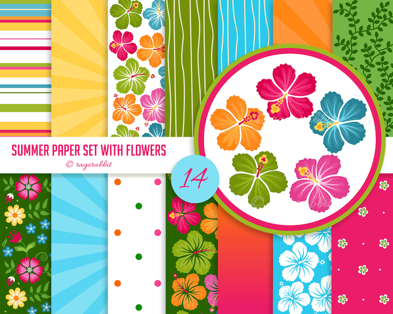 Summer Digital Paper Set With Hibiscus Flowers Clip Arts, Backgrounds, Hawaii, Party Decorations, Banner, Luau, illustrations image 1