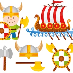Può includere: Illustrazione a cartoni animati a tema vichingo. Include un ragazzo vichingo con elmo con corna, scudo e ascia, e una nave vichinga con una vela a strisce rosse e bianche. Altri elementi includono asce ed elmi. L'immagine ha uno stile a cartoni animati.
