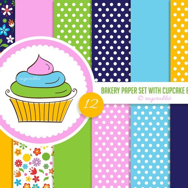 BUY 10 GET 5 FREE, Coupon Code - 5FREE   12 Bakery Paper Set, Polka Dots, Cupcake Clipart, Digital Paper, Backgroungs