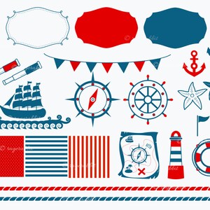 Conjunto náutico, Clip Art, Ilustraciones, Decoraciones, Emblemas, Papel digital, Mapa antiguo, Faro, Anclas, Barco, Cinturón de seguridad, Uso comercial