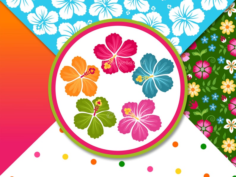 Puede incluir: Un c&iacute;rculo blanco con un borde verde y rosa contiene cinco flores de hibisco de colores. Las flores son naranja, rosa, roja, verde y azul. El c&iacute;rculo est&aacute; sobre un fondo blanco con lunares de colores.