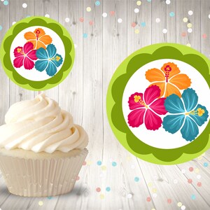 13 Luau Cupcake Toppers and Labels Printable Files Clip Arts Digital Sublimation Tropical Luau Summer Hawaii Hibiscus Flamingo Tiki Party image 4