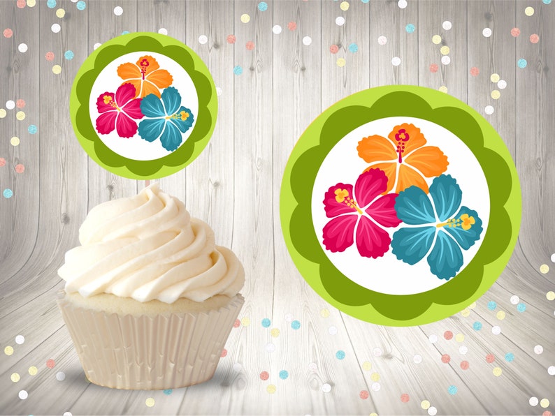 13 Luau Cupcake Toppers and Labels Printable Files Clip Arts Digital Sublimation Tropical Luau Summer Hawaii Hibiscus Flamingo Tiki Party image 4